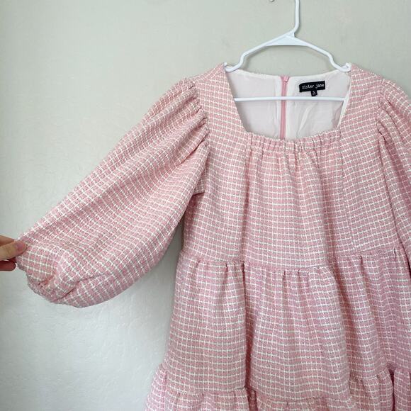 Sister Jane Pink Rosy Knees Tweed Confetti Square Neck Puff Sleeve Dress Size S - Picture 6 of 11